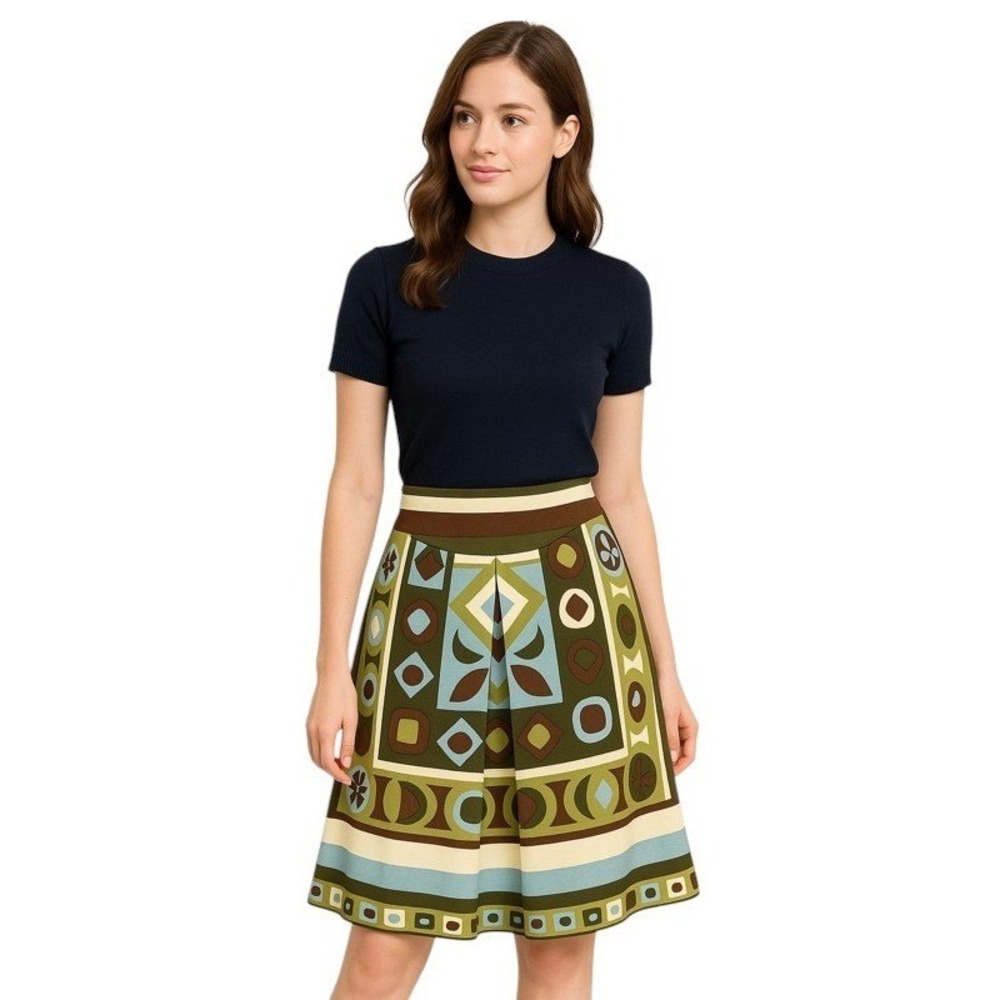 J. McLaughlin Geometric Brown Green Print‎ Silk Wool Blend A Line Skirt  Sz 8